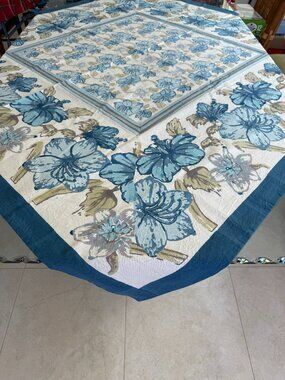 Vintage Couleur Nature by Bruno Lamy Tablecloth 59x59 Blue Hibiscus Hand Block